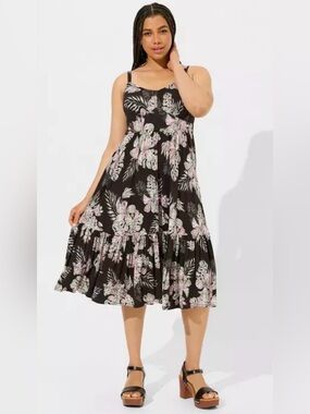 Torrid New Without tags Black Floral Tiered Midi Dress with Pink & White Print